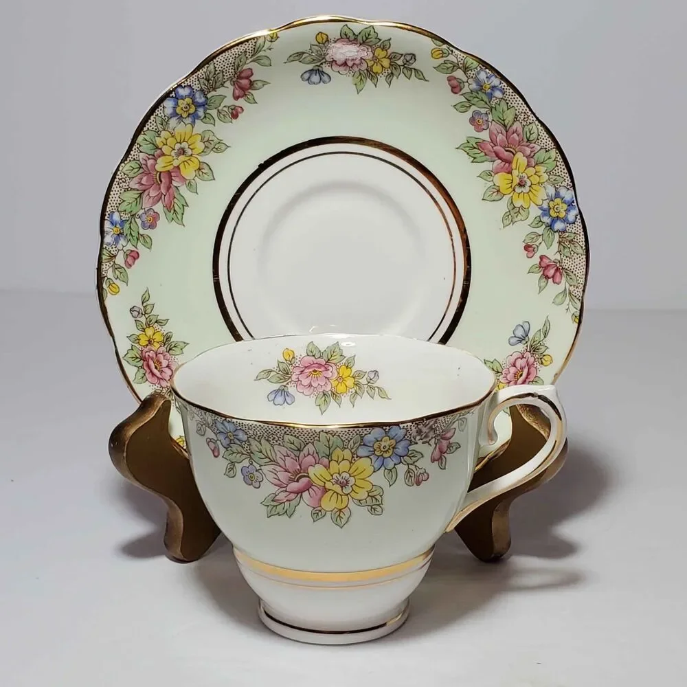 Colclough Teacup and Saucer Green Floral Vintage